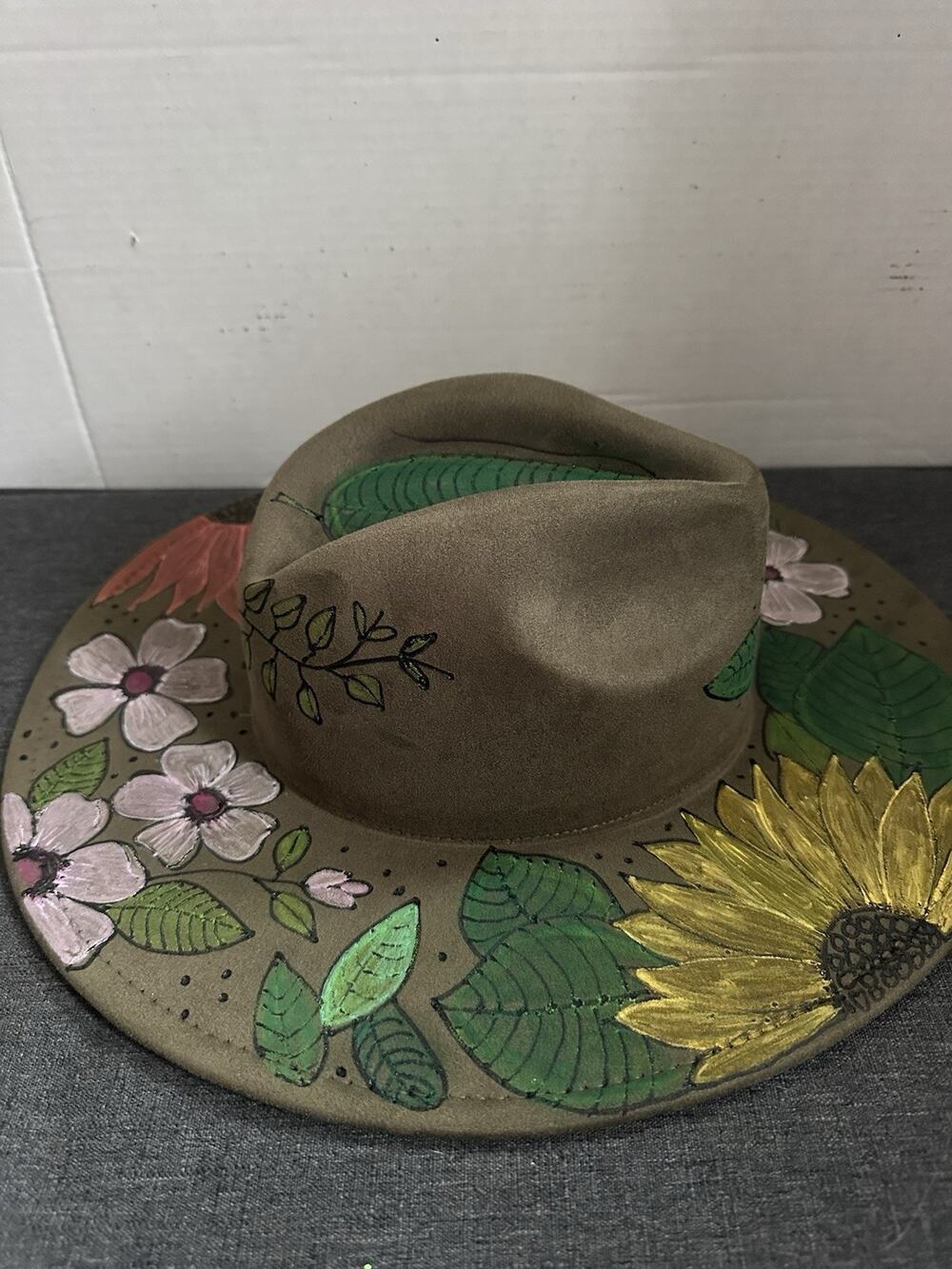 Hand Painted Wide Brim Felt Hat Floral Sunflower Signed Artist Boho One of a Kin